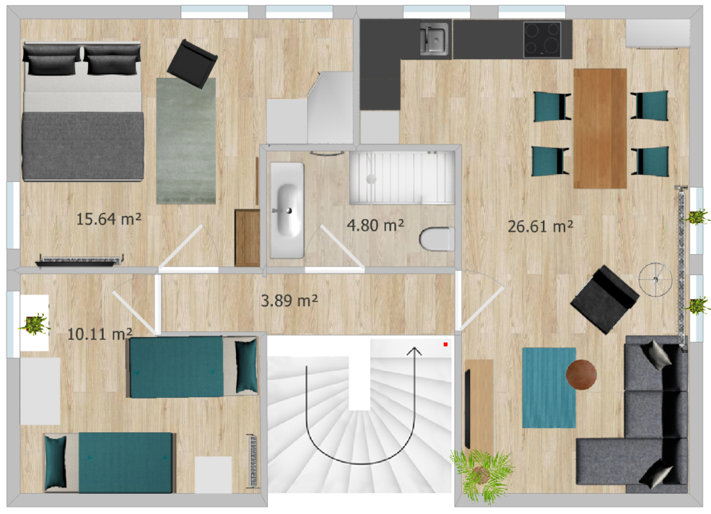 Grundriss von DECK 7 mit Angabe der Quadratmeter pro Zimmer.